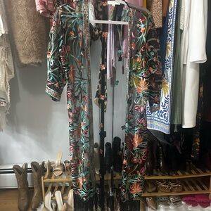 Rebellion Sheer Black Kimono with Red Floral Embroidery